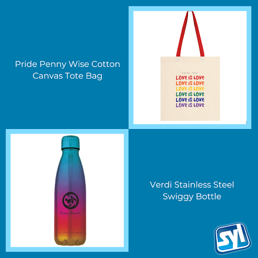 Top pride swag items at Show Your Logo such as canvas tote bag, and stainless steel swiggy bottle.
