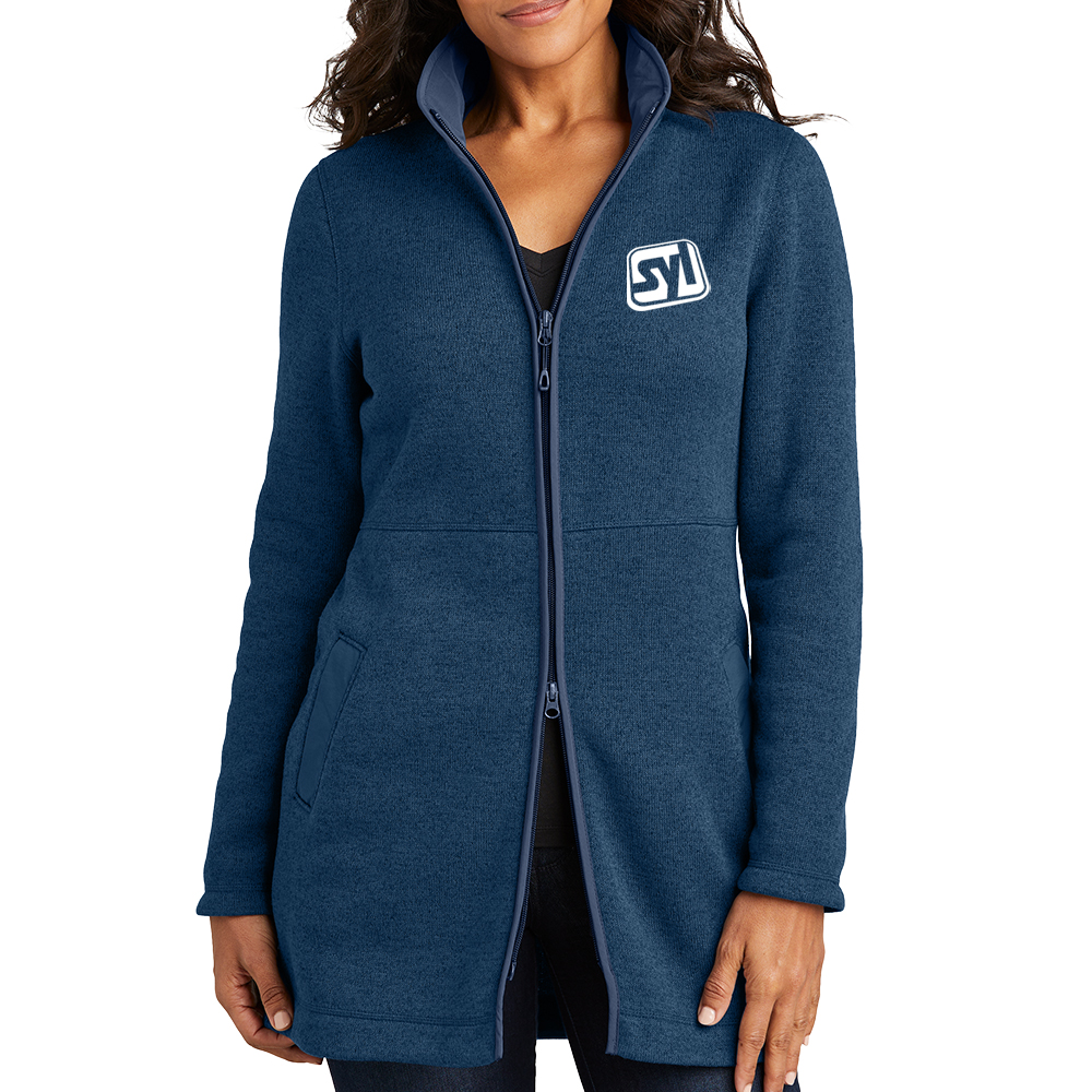 Port Authority® Ladies Arc Sweater Fleece Long Jacket - L425_INSIGNIA BLUE HEATHER_Model_Fronttif