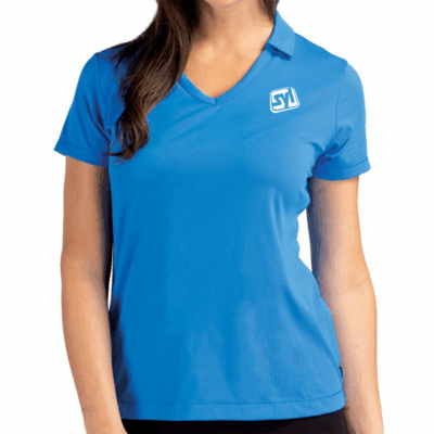 Cutter 038 Buck Daybreak Eco Recycled Women8217s V-neck Polo 8211 Digital 8211 On Model