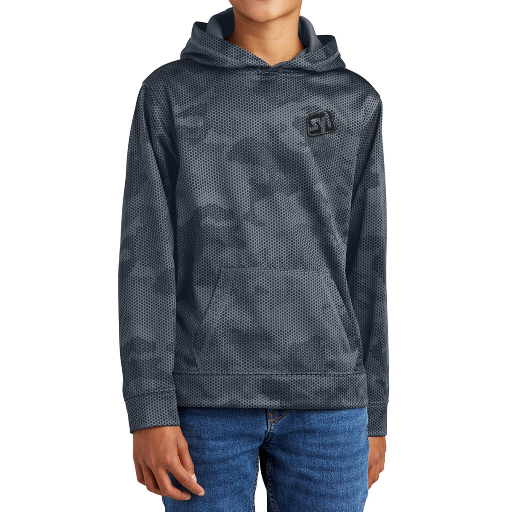Sport-Tek® Youth Sport-Wick® CamoHex Fleece Hooded Pullover - 7086-DkSmkGy-0-YST240DkSmkGyModelFront-1200W