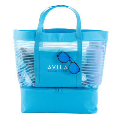 BG297LB 2 in 1 Striped Mesh Beach Bag Cooler Ocean Blue