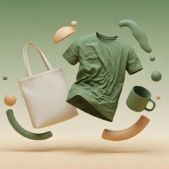 A green backdrop with a selection of promotional products ready for branding and logos Theres a T-shirt mug and tote