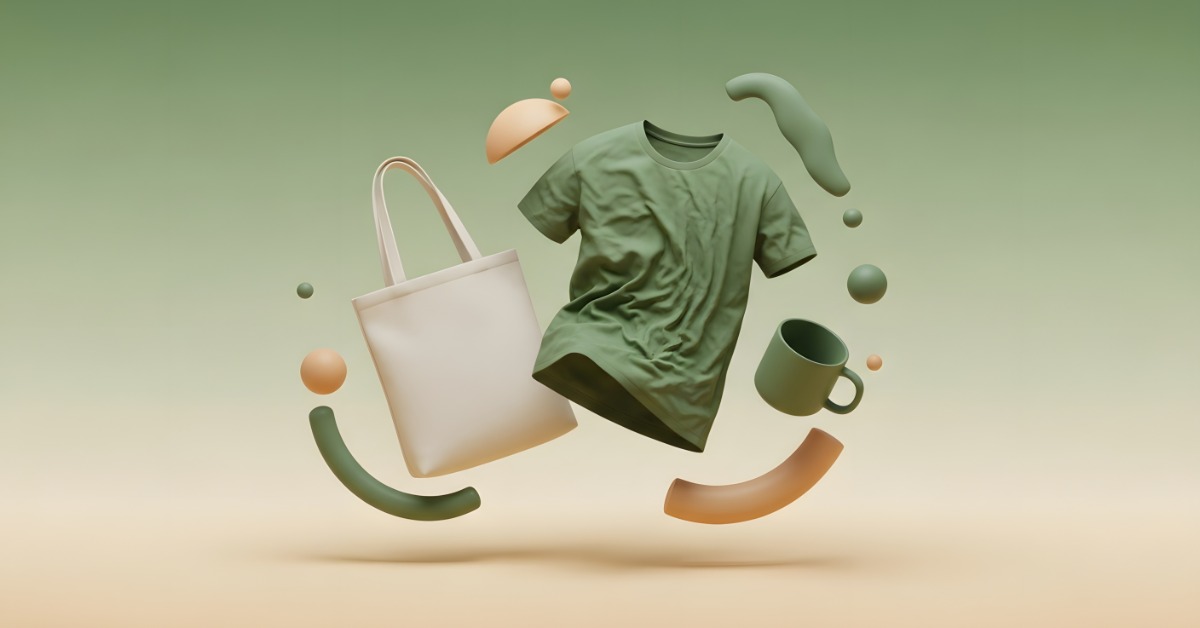 A green backdrop with a selection of promotional products ready for branding and logos Theres a T-shirt mug and tote