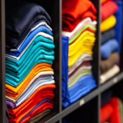 A black shelving unit with folded T-shirts neatly organized by size and color The shirts are for custom logos