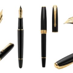 A montage of black pens for promotional marketing The black pens have various writing tips and gold accents