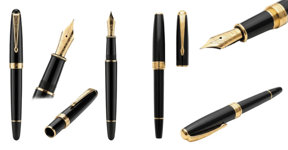 A montage of black pens for promotional marketing The black pens have various writing tips and gold accents