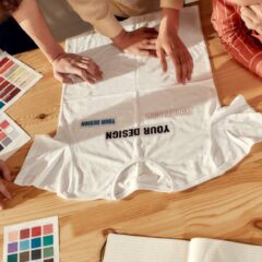 A wooden table where three designers stand at the edge to review a custom logo T-shirt and color samples for a brand