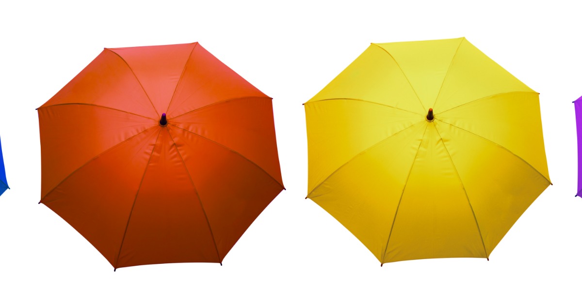 A series of four open umbrellas sit along a white background. They're blue, red, yellow, and purple.