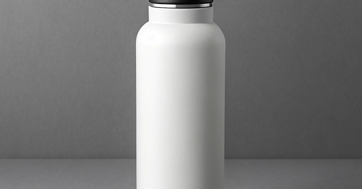 A plain white HydroFlash water bottle with a black screw top and small handle sits on a gray backdrop.