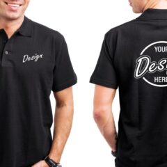 A person stands posed facing forward and backward with a custom design polo shirt on The shirt is black