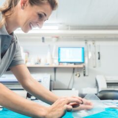 A promotional specialist works at a table on customizing T-shirts for a business She smiles and the shirt is teal