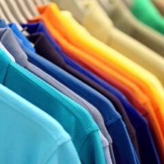 A close-up of a row of hanging polo shirts The polos are a range of colorways such as blue yellow orange and green