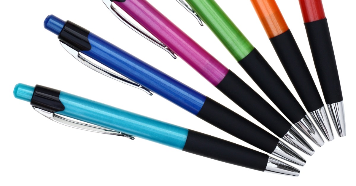 Nice, colorful pens fanned out in a row. The pens have black accents, such as grips and shirt clip pieces.